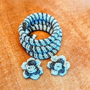 Vintage Handmade Beaded Snake Bracelet + Earrings